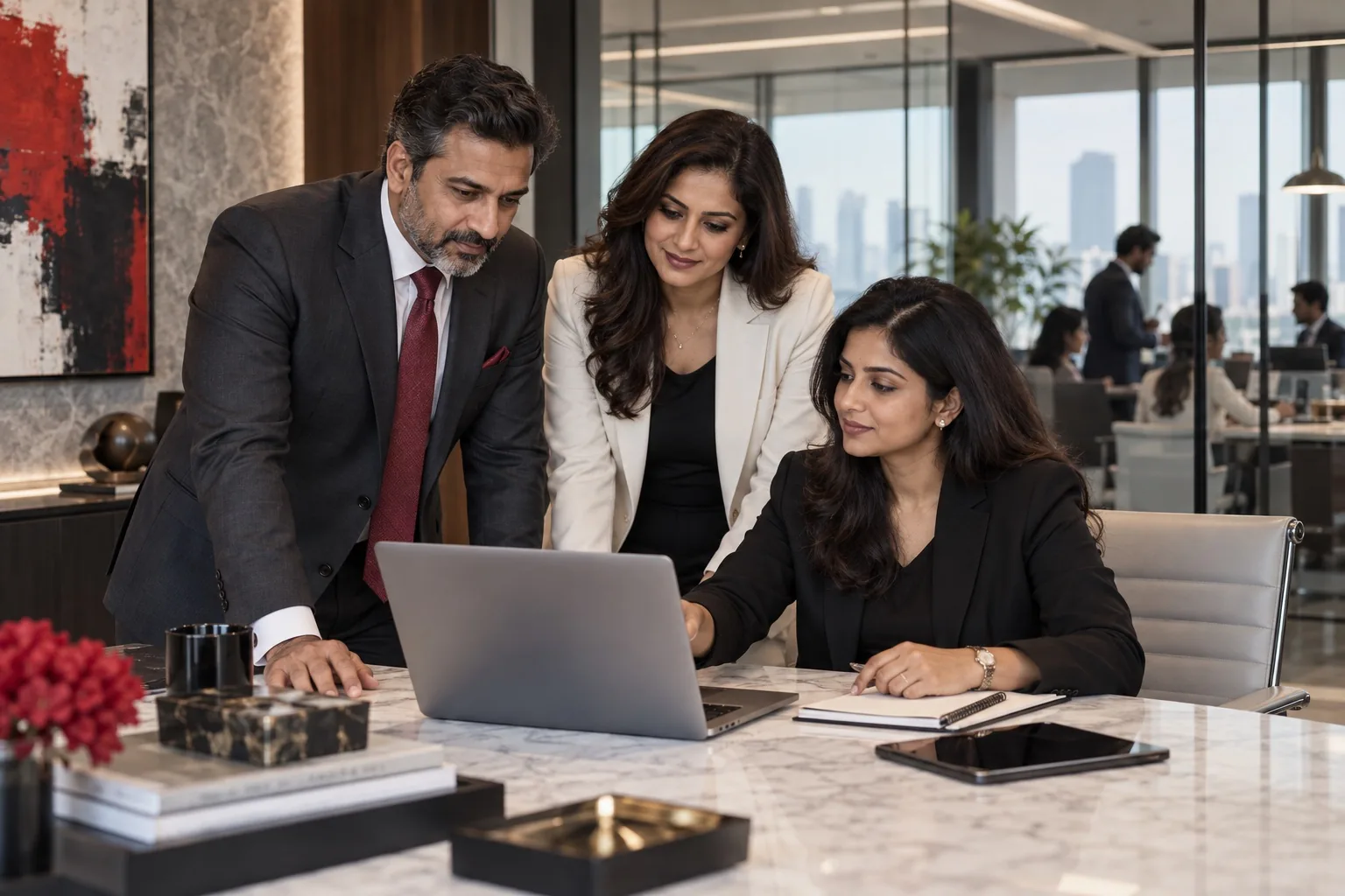 Illustrative business leaders reviewing work with their team