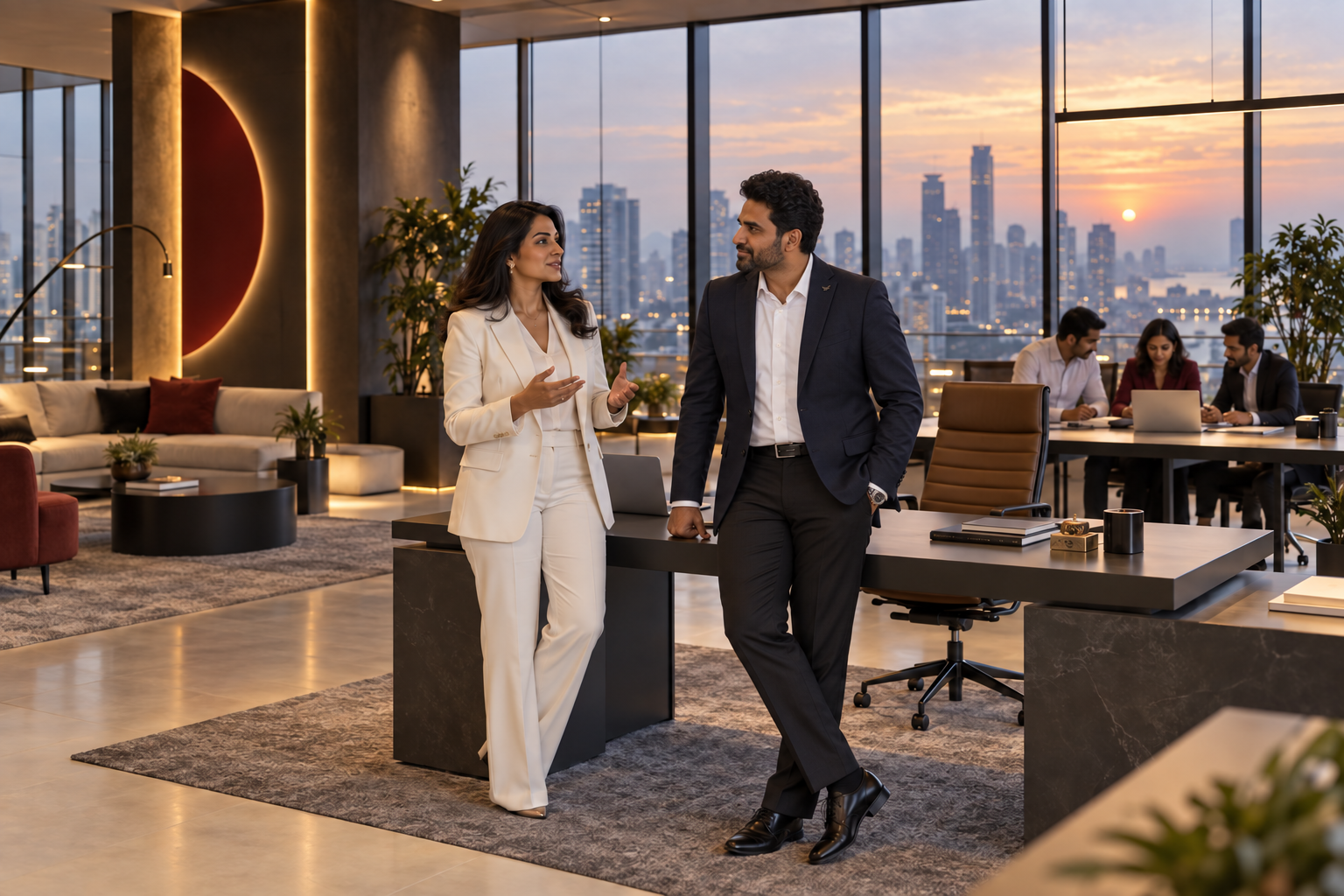 AI-edited scene of KP discussing strategy with a colleague in a modern office