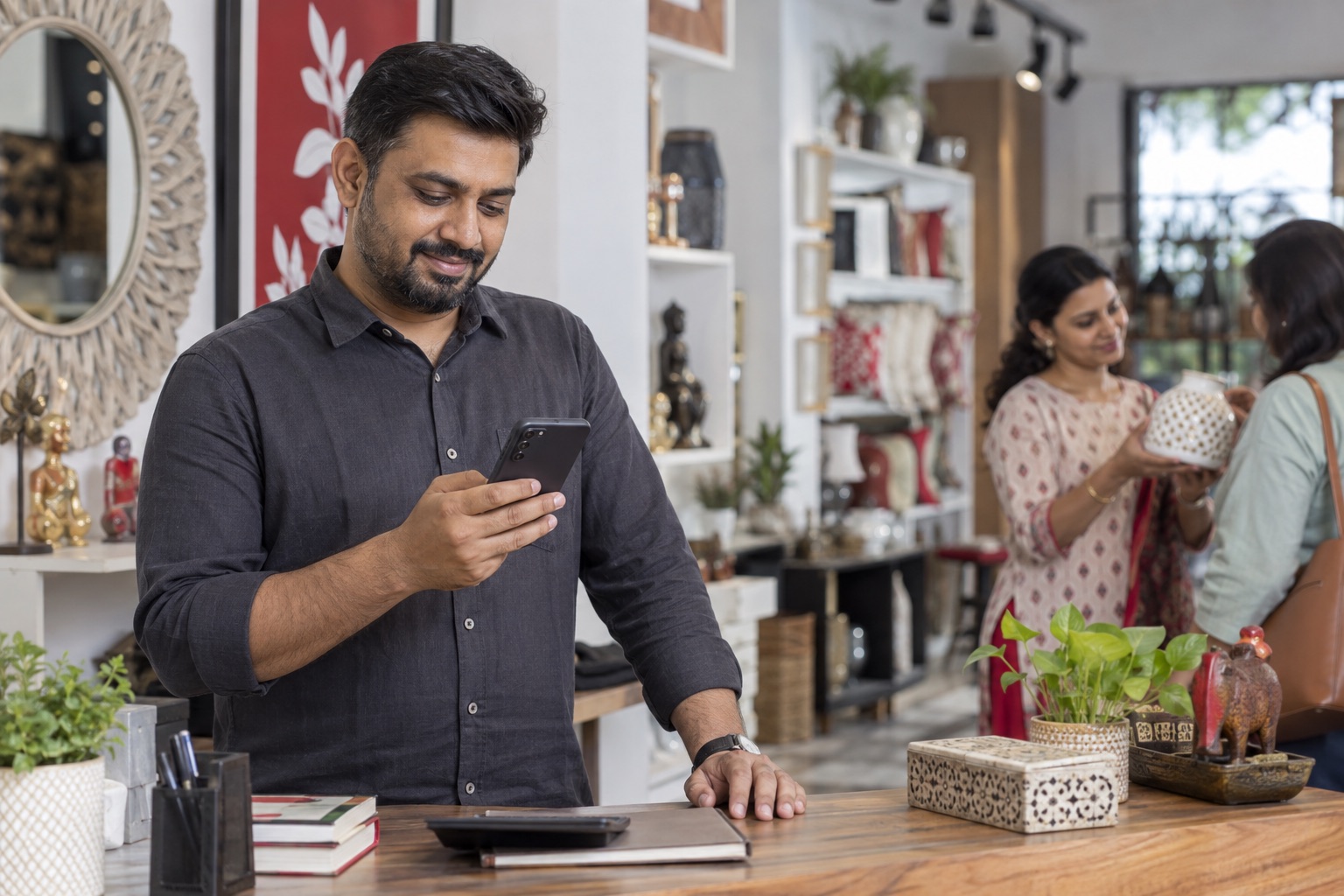 Illustrative shop owner checking customer conversations on a phone